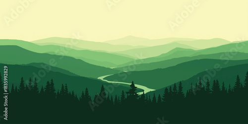 A serene landscape featuring layered green mountains and a winding river below