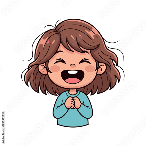 Cartoon girl with brown hair laughing with hands clasped.