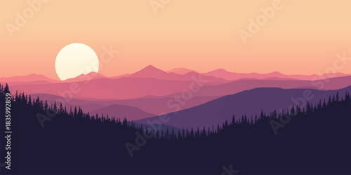 A serene sunset view over layered mountain silhouettes and dark forest details