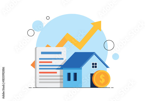 Real estate market growth chart and house property investment concepts - Flat Vector Illustration, icon. Editable stroke. Colored vector illustration