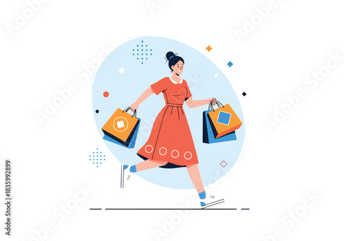 Woman with shopping bags enjoying retail therapy and purchases - Flat Vector Illustration, icon. Editable stroke. Colored vector illustration