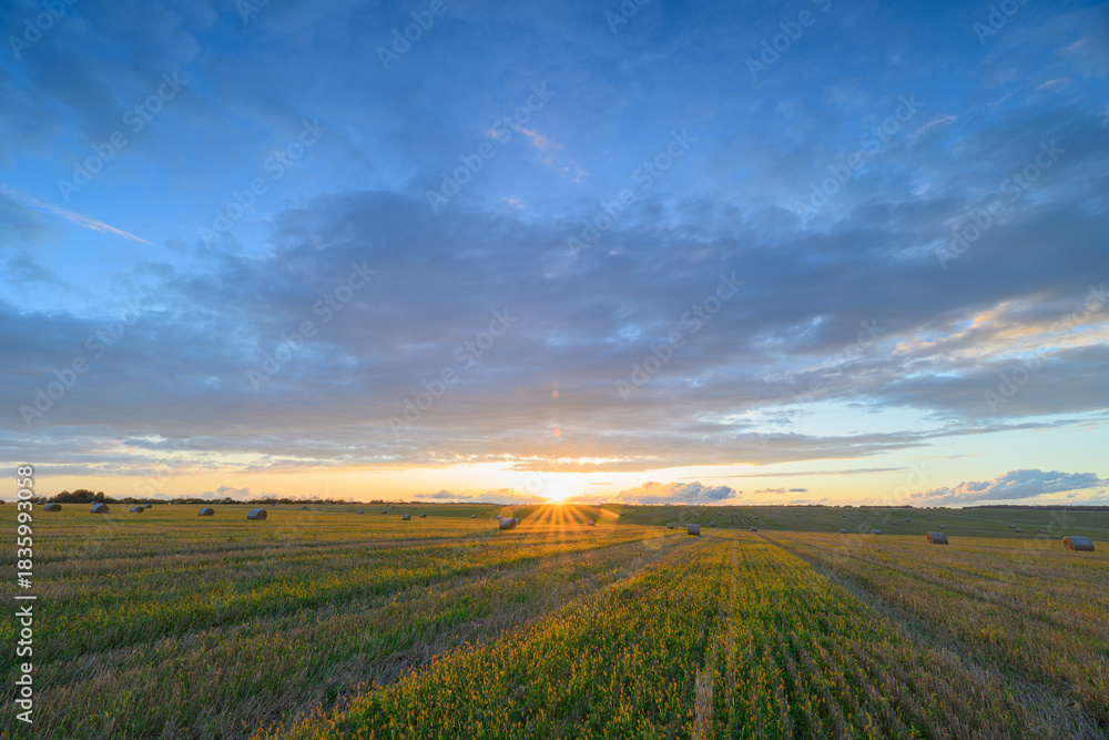 Obraz premium The breathtaking sunset over the lush green fields, accompanied by a vibrant and colorful sky