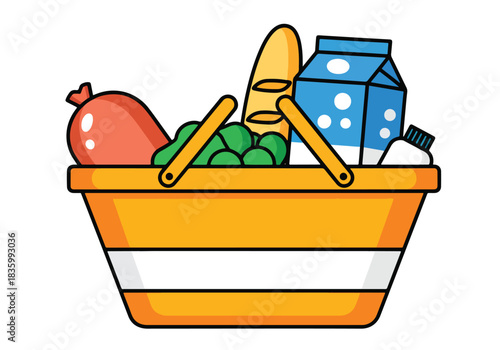 Brightly colored shopping basket overflowing with groceries and food items - Flat Vector Illustration, icon. Editable stroke. Colored vector illustration