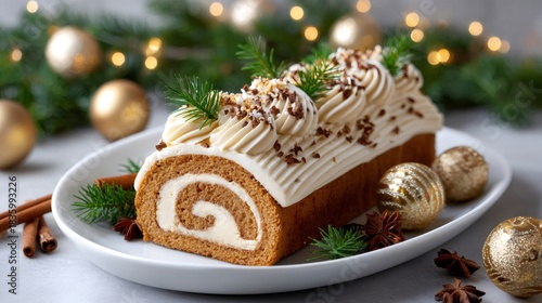 Yule log cake on plate with Christmas decorations