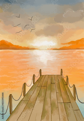 Watercolor Pier at Sunset Over Calm Lake