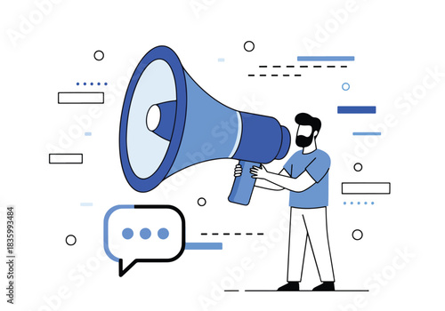 Man with megaphone announcing important news with speech bubble - Flat Vector Illustration, icon. Editable stroke. Colored vector illustration
