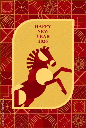 2026 Happy new year bauhaus design. Year of horse. Chinese new year. New year greeting card. Red and gold geometric pattern for postcard, banner, background, celebration,festival, wallpaper,art decor.