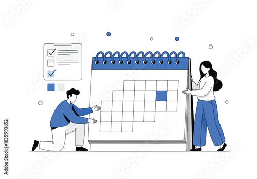 People planning and scheduling with a large calendar timeline - Flat Vector Illustration, icon. Editable stroke. Colored vector illustration