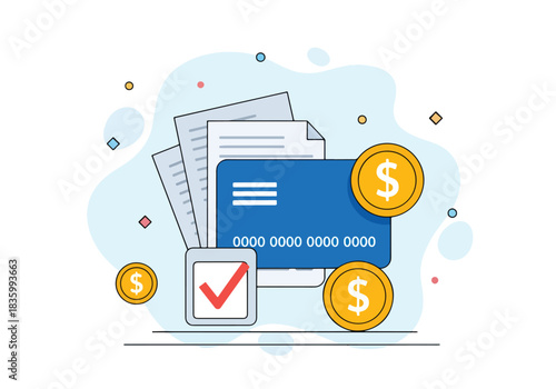 Financial transaction concept with credit card and coins - Flat Vector Illustration, icon. Editable stroke. Colored vector illustration