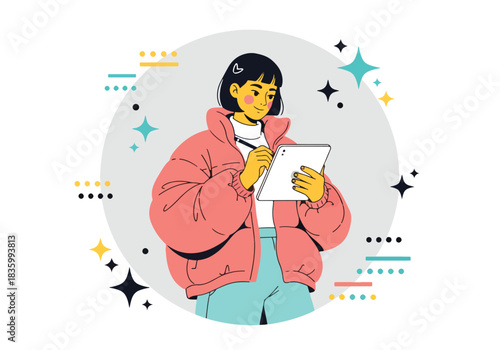 Young woman with tablet creating art digital drawing and design - Flat Vector Illustration, icon. Editable stroke. Colored vector illustration