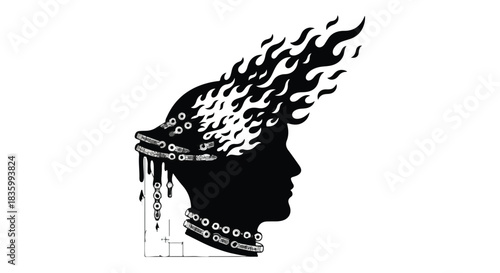 Silhouette of a profile with flames erupting from a helmet, symbolizing burning ideas or inspiration.