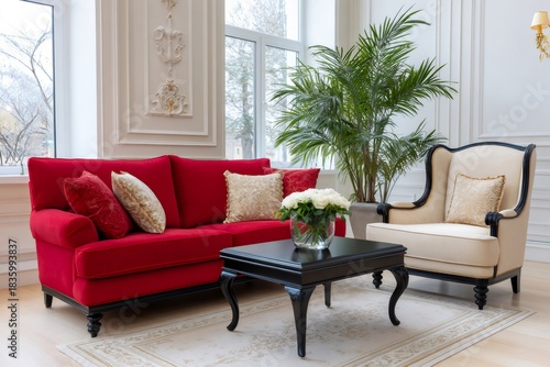 Luxurious living room interior with red sofa and armchair