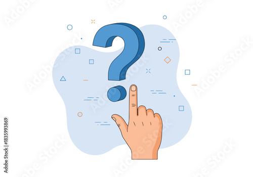 Hand pointing at a large blue question mark symbolizing confusion - Flat Vector Illustration, icon. Editable stroke. Colored vector illustration