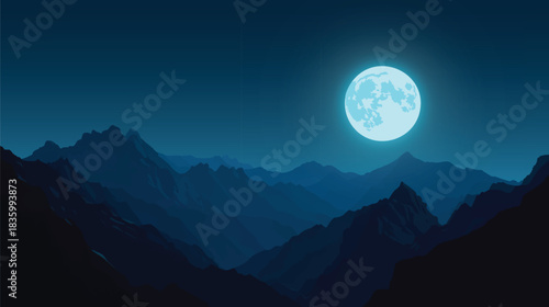 A serene nightscape featuring a bright full moon over a silhouette of mountains