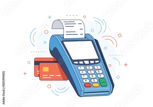 Payment terminal and credit cards for secure financial transactions - Flat Vector Illustration, icon. Editable stroke. Colored vector illustration