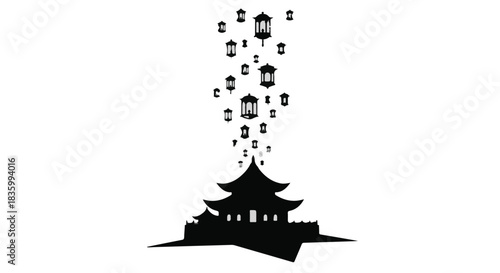 Magical silhouette of a traditional pagoda with lanterns ascending into the night sky.