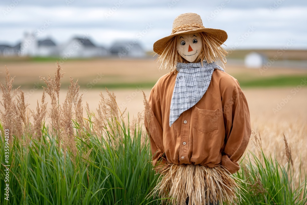 Obraz premium Scarecrow standing guard in a rural autumn field for harvest