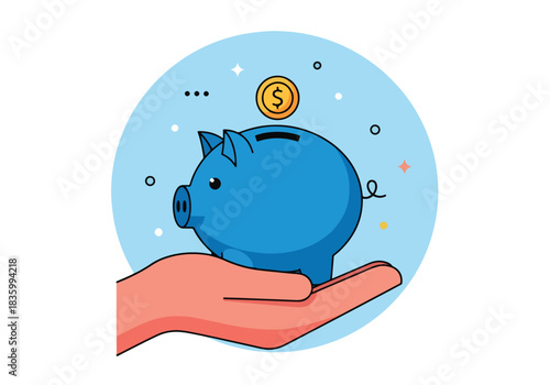 Hand holding blue piggy bank with coin on light blue background - Flat Vector Illustration, icon. Editable stroke. Colored vector illustration
