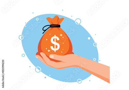 Hand holding money bag financial wealth and prosperity symbol - Flat Vector Illustration, icon. Editable stroke. Colored vector illustration