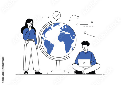 Global connectivity and digital learning with people and earth globe - Flat Vector Illustration, icon. Editable stroke. Colored vector illustration