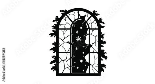 Mysterious silhouette of a cracked gothic window with celestial stars and overgrown vines.