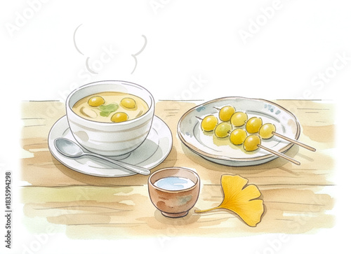 Autumn Japanese cuisine: ginkgo chawanmushi and grilled ginkgo skewers with sake