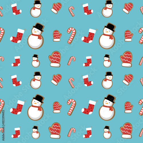 Abstract seamless Christmas-themed pattern. Merry Christmas concept vector illustration with snowman characters, hand-drawn. Designed for clothing, wrapping, fabric, wallpaper