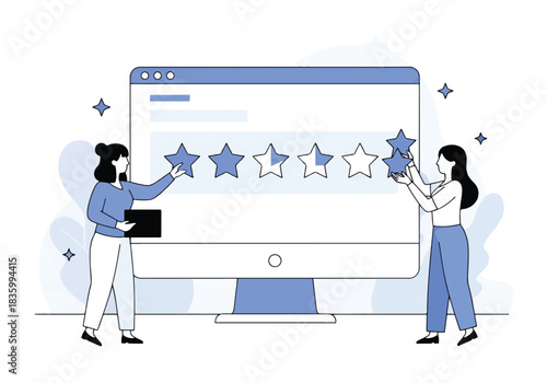 Customer feedback and star rating system evaluation on a screen - Flat Vector Illustration, icon. Editable stroke. Colored vector illustration