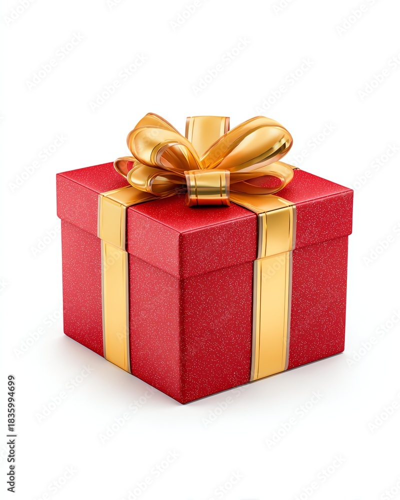 Obraz premium Red Gift Box with Golden Ribbon: A vibrant red gift box is adorned with a luxurious golden ribbon, evoking a sense of anticipation and delight.
