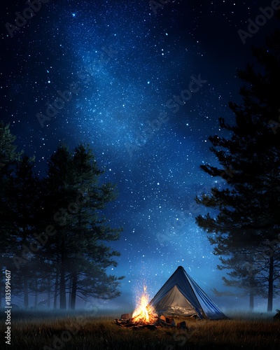 Camping Under the Stars: A serene camping scene unfolds beneath a vast, starlit sky, where a campfire casts a warm glow, inviting contemplation and wonder. 