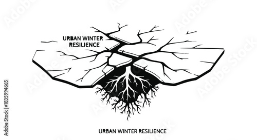 Strong tree roots breaking through cracked ground symbolizing urban resilience in winter.