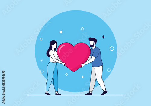 Couple holding large red heart symbolizing love and connection - Flat Vector Illustration, icon. Editable stroke. Colored vector illustration