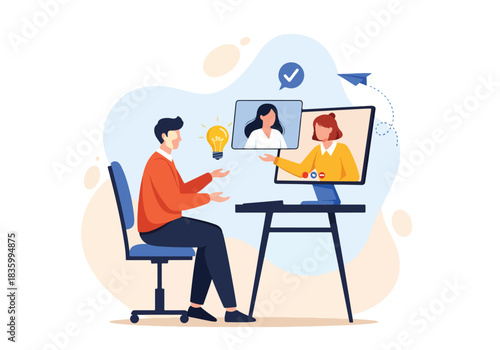Person video conferencing with colleagues remote work meeting online collaboration - Flat Vector Illustration, icon. Editable stroke. Colored vector illustration