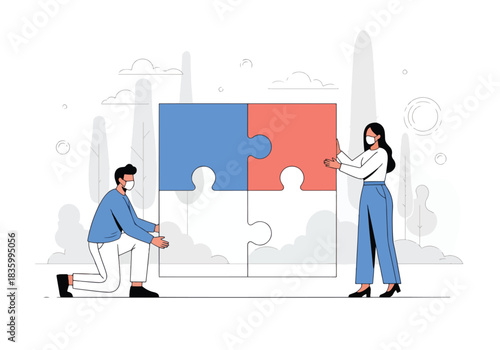 Teamwork assembling large puzzle pieces for a project - Flat Vector Illustration, icon. Editable stroke. Colored vector illustration