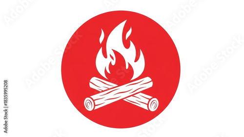 Vibrant bonfire icon with crossed logs glowing bright white inside a bold red circle perfect for adventure branding