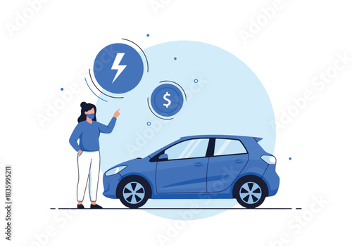 Woman charging electric car sustainable energy transportation future - Flat Vector Illustration, icon. Editable stroke. Colored vector illustration