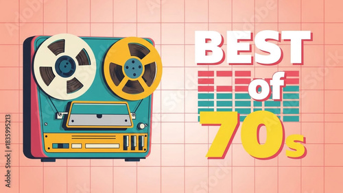 Vibrant retro reel to reel tape deck graphic captures the ultimate best of 70s music nostalgia for dynamic broadcasts