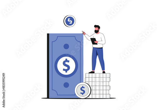 Man saving money financial growth and investment concept artwork - Flat Vector Illustration, icon. Editable stroke. Colored vector illustration
