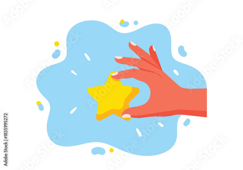 Hand holding yellow star achieving success and recognition - Flat Vector Illustration, icon. Editable stroke. Colored vector illustration