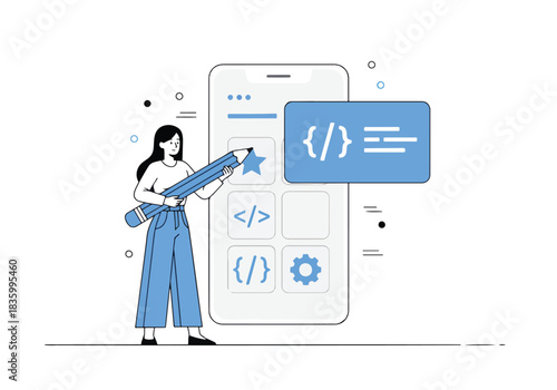 Woman coding on a digital device with abstract elements - Flat Vector Illustration, icon. Editable stroke. Colored vector illustration