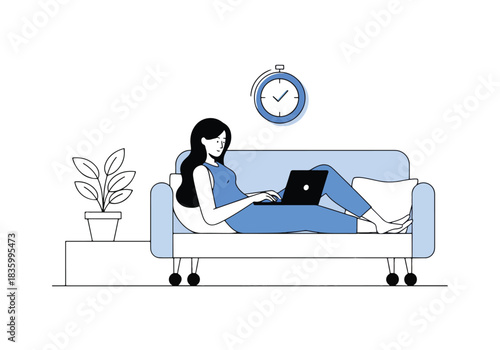 Woman working on laptop relaxing on couch home office concept - Flat Vector Illustration, icon. Editable stroke. Colored vector illustration