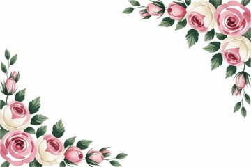 Watercolor pink and cream roses corner border design element