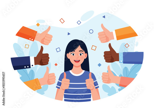 Happy person surrounded by thumbs up symbols and positive feedback - Flat Vector Illustration, icon. Editable stroke. Colored vector illustration