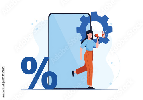 People adjusting gear symbol next to phone and percentage sign - Flat Vector Illustration, icon. Editable stroke. Colored vector illustration