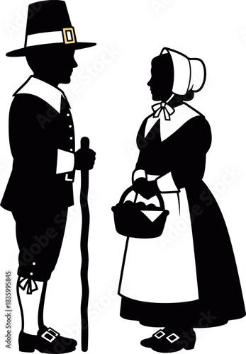 Silhouette of a Pilgrim Man and Woman in Traditional Attire.
