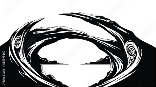 Abstract swirling forms create a dramatic archway over a serene landscape.