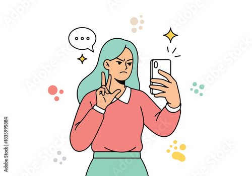 Woman taking selfie with phone and speech bubble modern style - Flat Vector Illustration, icon. Editable stroke. Colored vector illustration