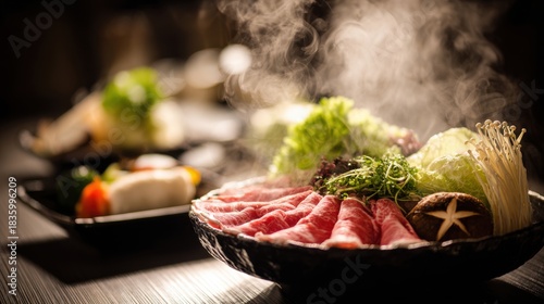 Fototapeta Naklejka Na Ścianę i Meble -  Steaming Hot Pot Meal With Sliced Raw Meat Vegetables And Mushrooms In A Dark Setting
