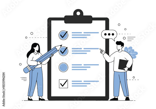 People working together on a checklist project management task completion - Flat Vector Illustration, icon. Editable stroke. Colored vector illustration