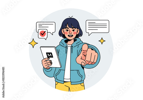 Person holding tablet suggests choice with checkmark and dialogue bubbles - Flat Vector Illustration, icon. Editable stroke. Colored vector illustration